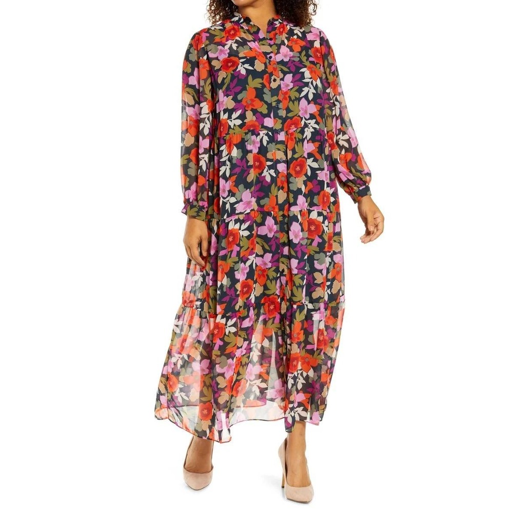 Maggy London Woman Bold Floral Long Sleeve Maxi Shirtdress 16W Chiffon Feminine